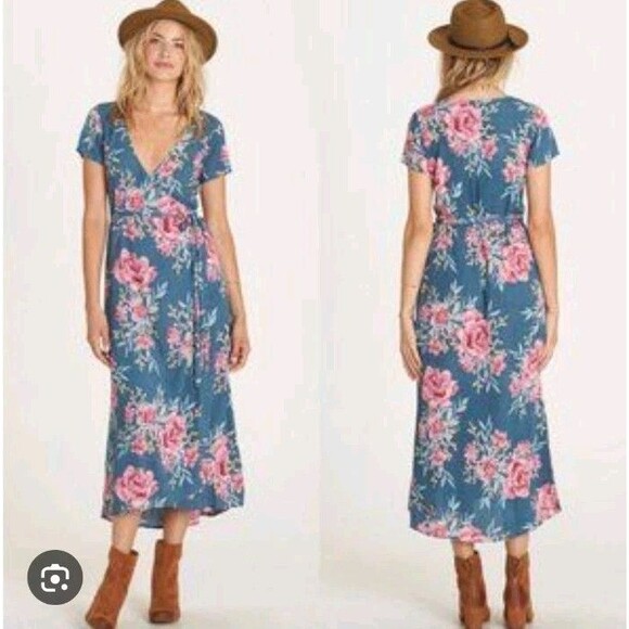 Billabong Women’s Blue & Pink Floral Maxi Wrap Dreas Size Small - Picture 1 of 10